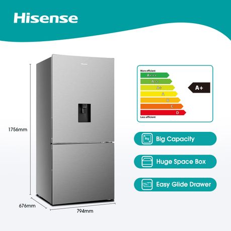 Hisense 463L Bottom Freezer Fridge with Water Dispenser-Stainless Steel