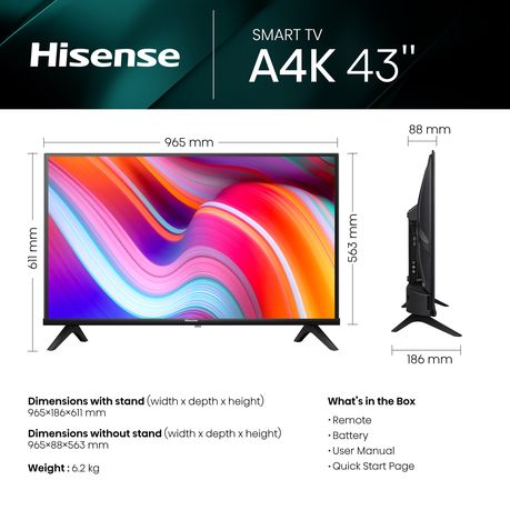 Hisense 43" A4K Full HD Smart LED TV with Dolby Digital & Digital Tuner